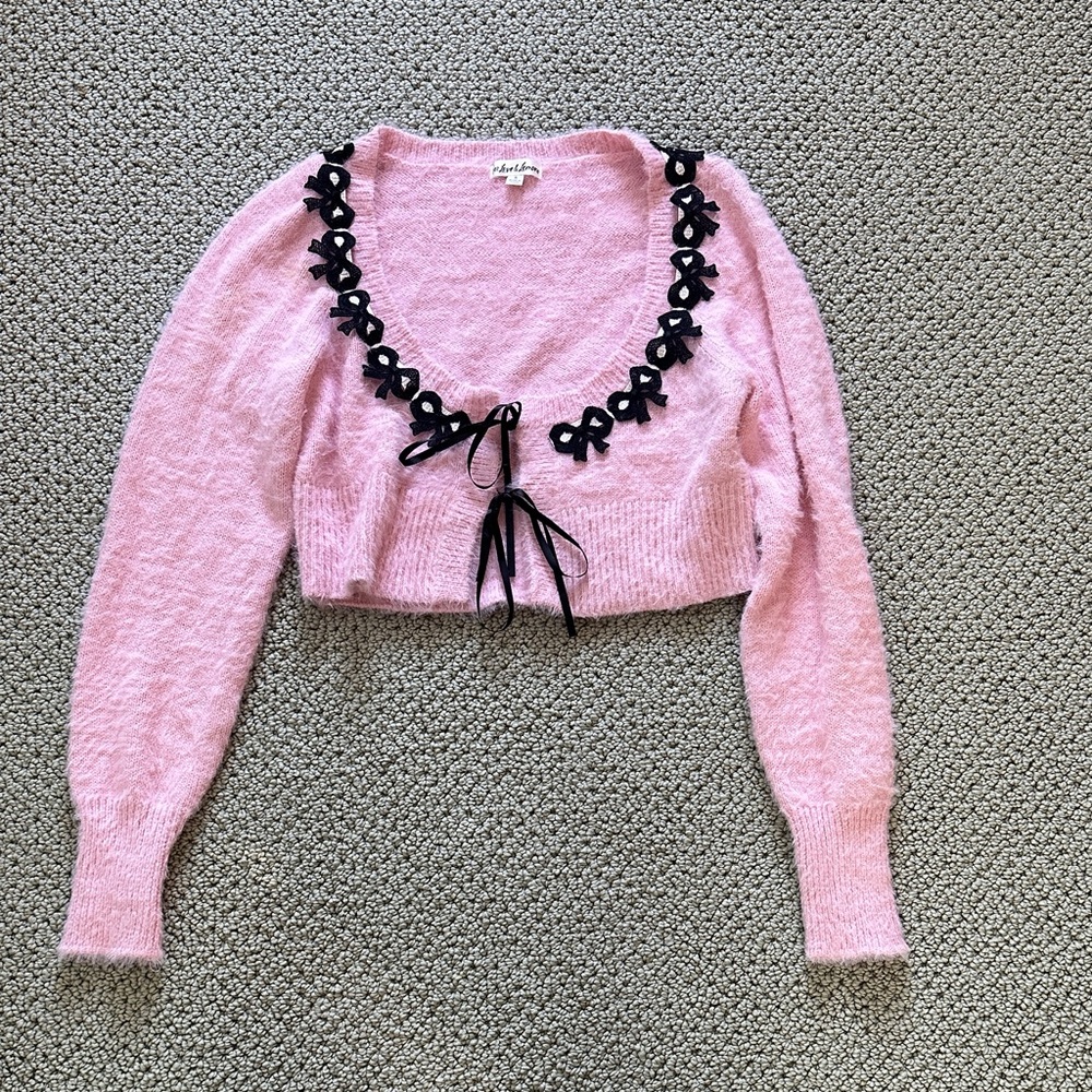 For Love & Lemons pink fuzzy cropped bow cardigan coquette style S